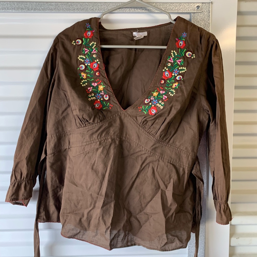 Lux Brown Embroidered Tie Front Blouse